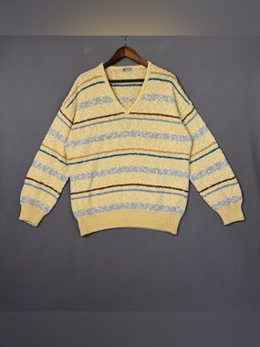 FIUME Vintage 90’s Striped V-Neck Sweater, Pale Butter Yellow, Made in Italy, L